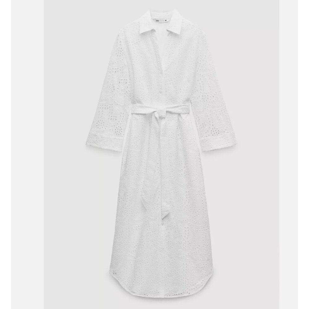 ZARA WOMAN $109 EMBROIDERED EYELET SHIRT DRESS ZW COLLECTION WHITE | 3129/265 - Picture 2 of 9